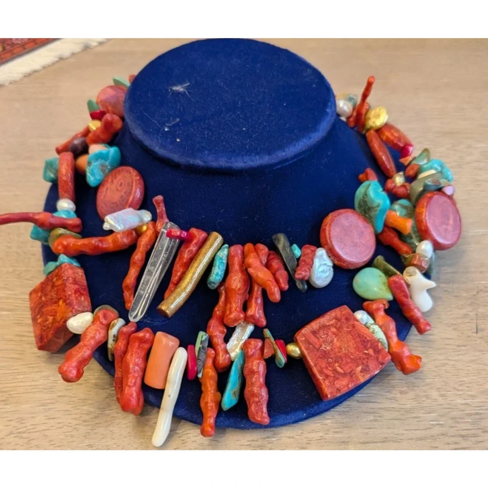 Vintage Turquoise & Coral Bead Necklace with pearls Multi-Strand necklace‎